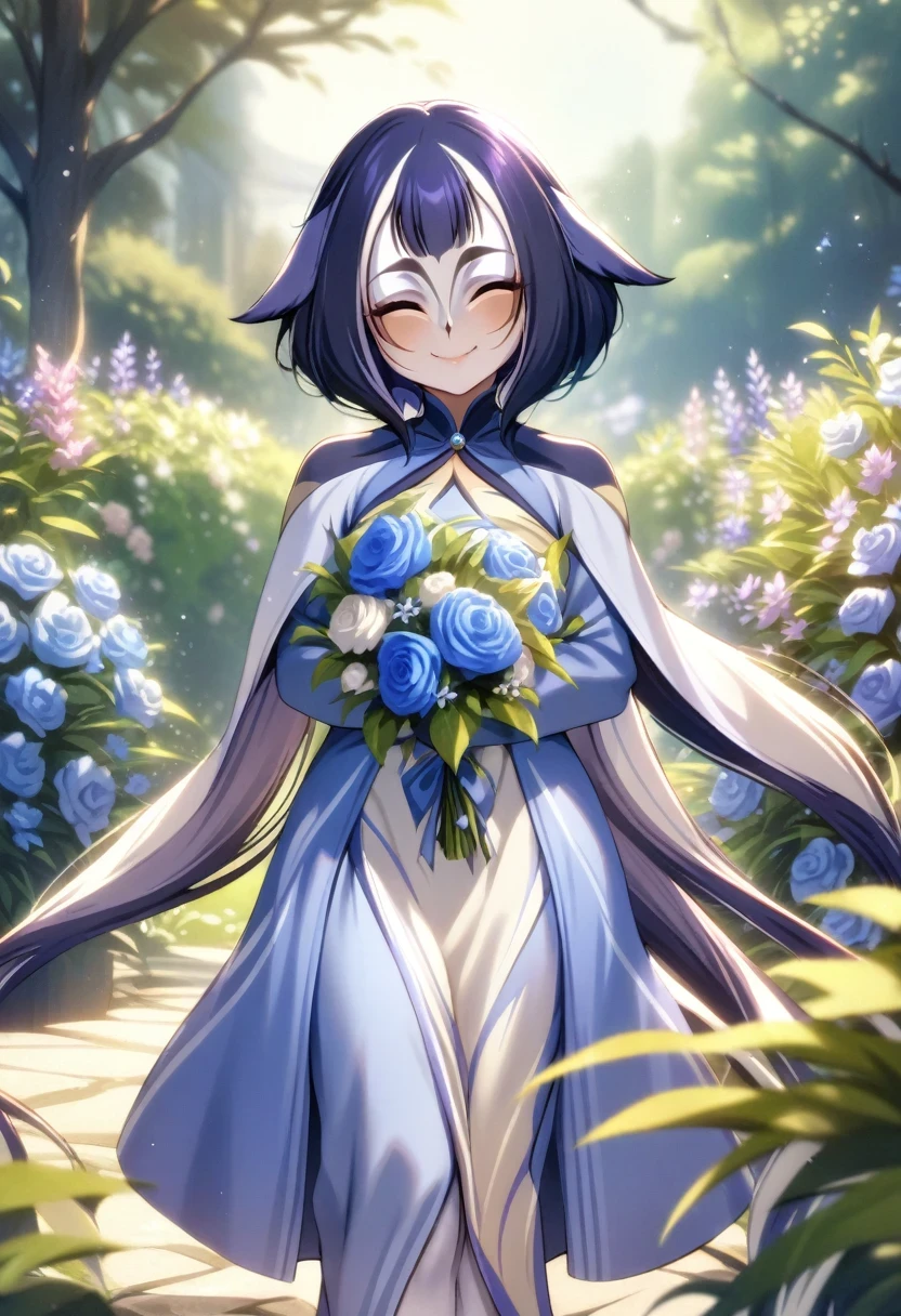 (shylily/(Twich/):1.5),(masterpiece:1.2),(best quality:1.2),Standing in the beautiful garden，Long hair girl、Smile、She has a big bouquet、Cute ethnic style dress with ruffles on shoulders、hair blowing in the wind, 