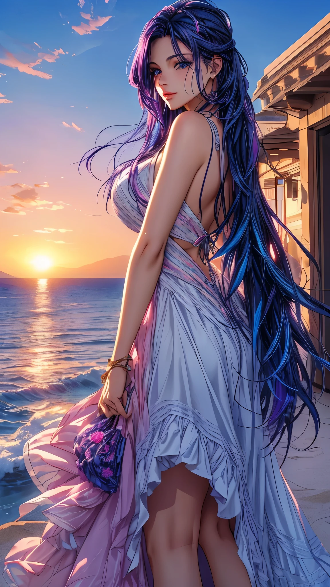 Woman in Greece portrait anime dark blue hair streaked pink purple hair blue eyes Nikon camera sunset hour realistic photography Beach House at Greek island animation realistic