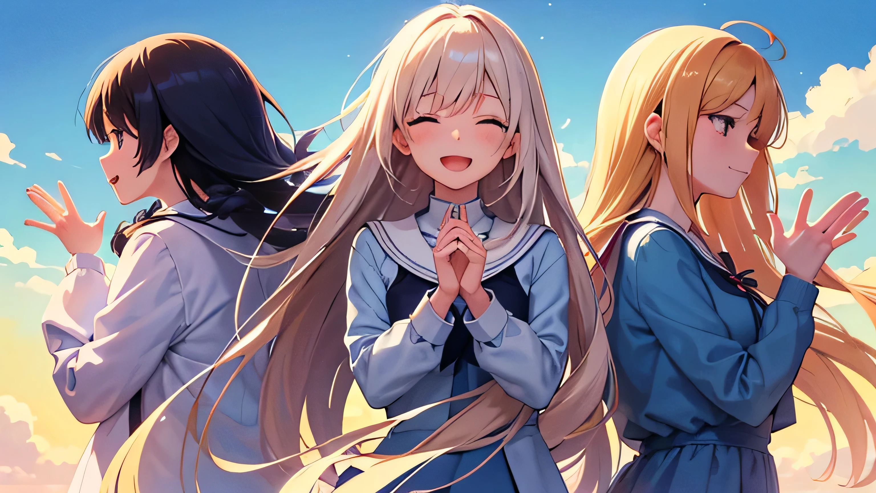Create an anime illustration depicting a group of girls standing in a place where the wind is blowing. The girls' hair is flowing in the wind. The background should feature a blue sky with white clouds. The girls should be smiling, waving their hands, and singing joyfully while feeling the breeze.
