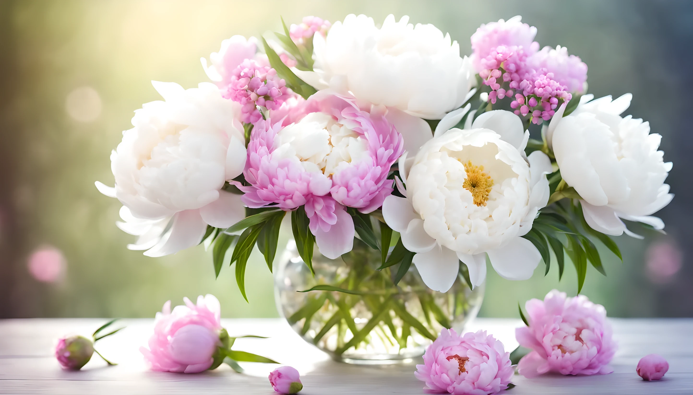 beautiful luxurious arrangement of flowers, white peonies and small pink flowers, bokeh, artistic photo, realistic textures, professional light, many details