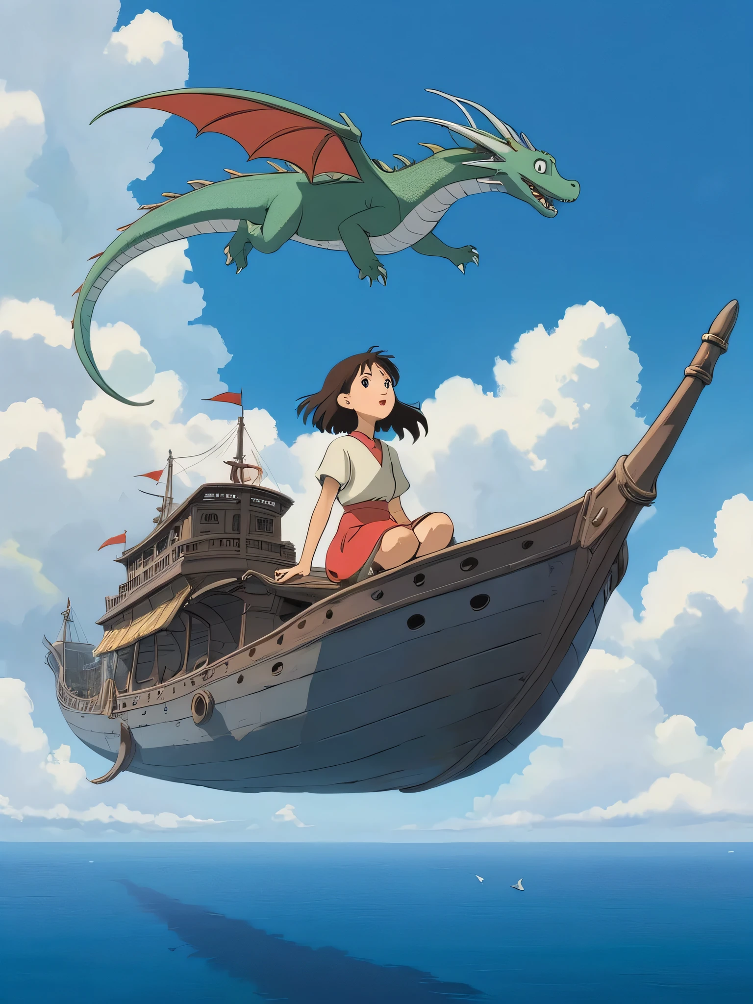 Ghibli movie poster No text A ship floating in the sky The main character is a girl The dragon is watching