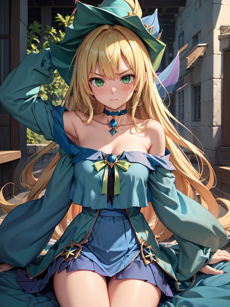 (masterpiece:1.2)、highest quality、High resolution、unity 8k wallpaper、(figure:0.8)、(Beautiful fine details:1.6)、Tight eyes、Angry Eyes、Highly detailed face、Perfect lighting、Highly detailed CG、(Perfect hands、Perfect Anatomy)、Dark Magician Girl、Blonde Hair、choker、(Green Eyes:1.5)、Long Hair、ahoge、
bare shoulders、Blue footwear、blush、Cleavage、clavicle、Large Breasts、Off the shoulder、Pentacles、wizard、(Blue clothes:1.5)、(Short skirt:1.3)、Spread your legs、Show blue panties、
looking at viewer、outdoors, city、