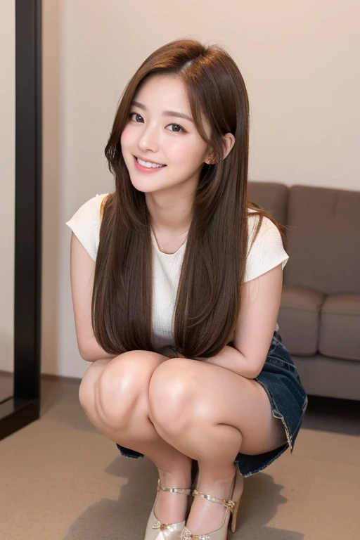 Best Image Quality: A Masterpiece of Highest Resolution (8K), This exquisite image captures the essence of a beautiful and cute 29-year-old high school girl in stunning detail. The actual photos were taken with professional lighting, offering a photorealistic, raw display of the subject's natural beauty.
The girl is shown in a full-body shot, with her light brown straight hair styled elegantly using a pin clip cream, her eyes sparkling with a genuine smile. The low angle accentuates her frame and showcases her quite small stature.
In this image, the girl is seen squatting down and spreading her legs wide, creating an alluring yet