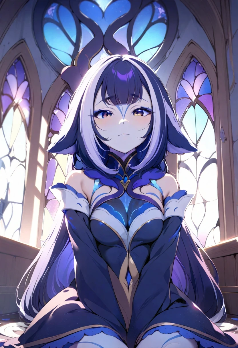 (shylily/(Twich/):1.5),(masterpiece:1.2),(best quality:1.2),Abandoned old church. Sitting girl. Her black dress was torn々This is not clean. her hair is long and fluffy. Light shines through cracked stained glass windows., Put on maid outfit