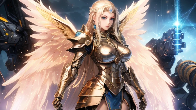 masterpiece, best quality, rich and colorful, , (Pinky skin:1.2), Big breasts, Mecha, armor, girl,Mechanical_Body, high resolution, blond hair, Very long hair, garlic, , Solitary, blue eyes, White coat, Soft fabric waist extension, Blue Energy, destroy, Quantum Energy, Mechanical wings