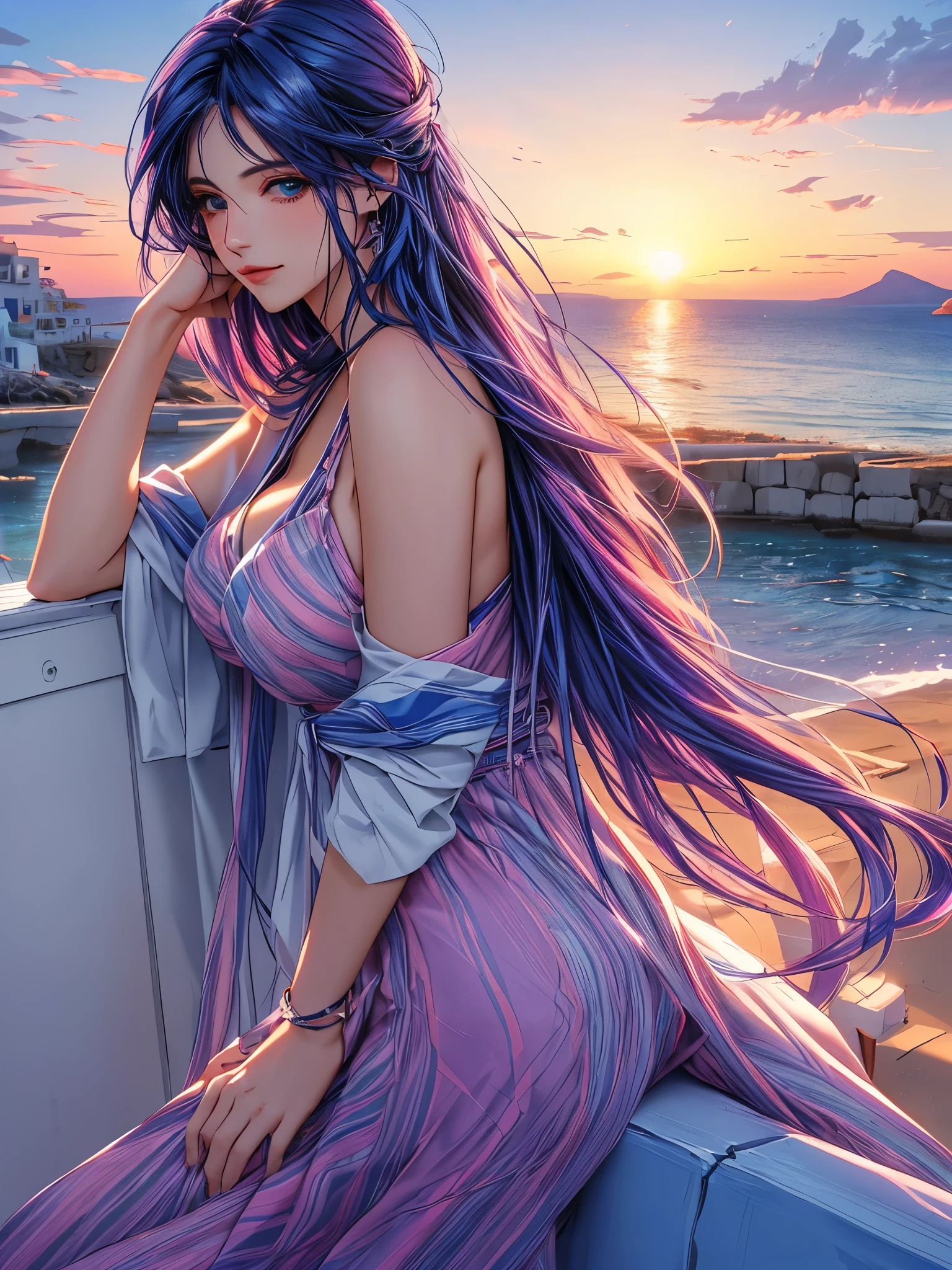 Woman in Greece portrait anime dark blue hair streaked pink purple hair blue eyes Nikon camera sunset hour realistic photography Beach House at Greek island animation realistic