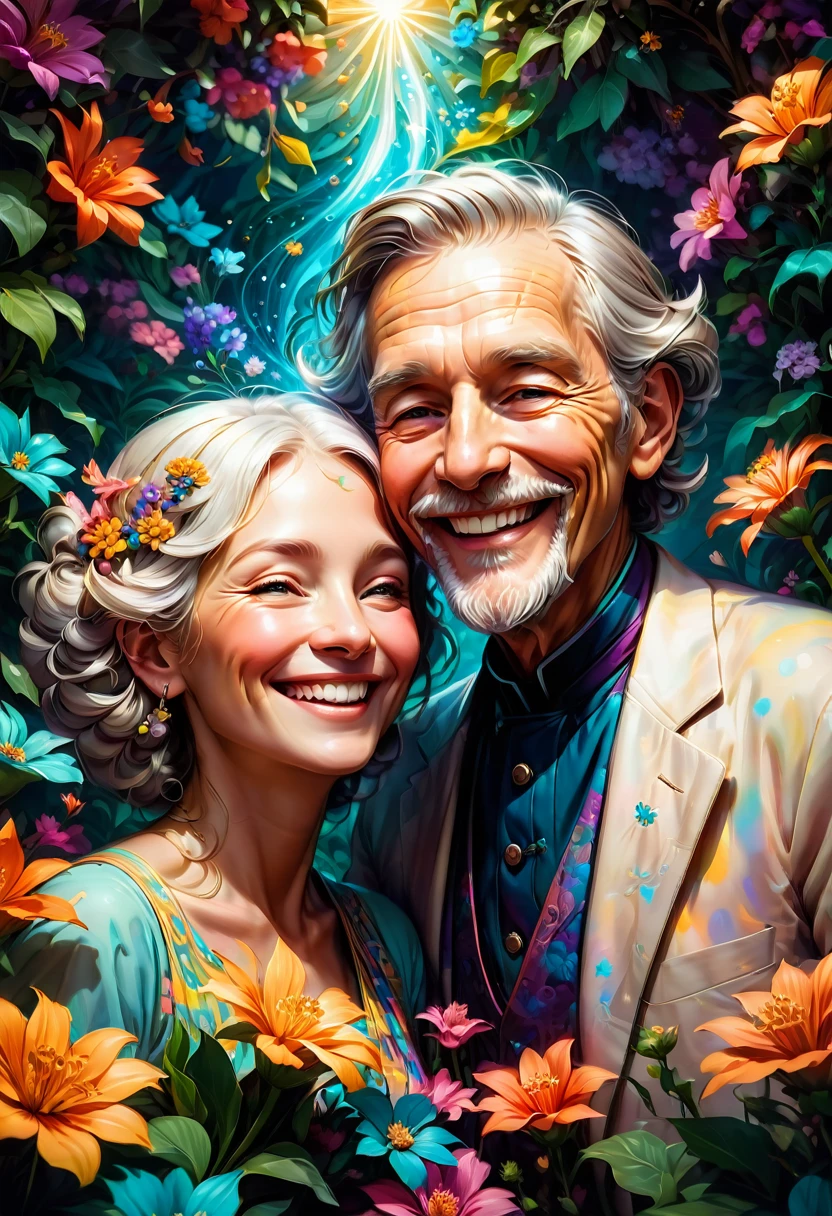 Couple Photo, aesthetic, Joyful adorable smiling elderly people laughing and hugging spreading joy: vibrant colors: surrounded by flowers: intricate details, head and shoulders portrait, 8k resolution concept art portrait by Greg Rutkowski, Artgerm, WLOP, Alphonse Mucha dynamic lighting hyperdetailed intricately detailed Splash art trending on Artstation triadic colors Unreal Engine 5 volumetric lighting