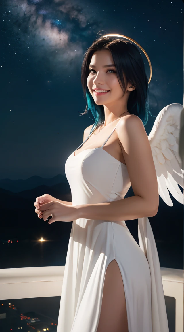 a woman, teal hair, red eyes, smile, angel wings, golden halo, white dress, standing upright, in outer space, Milky Way in the background, stars in the distance, upper body