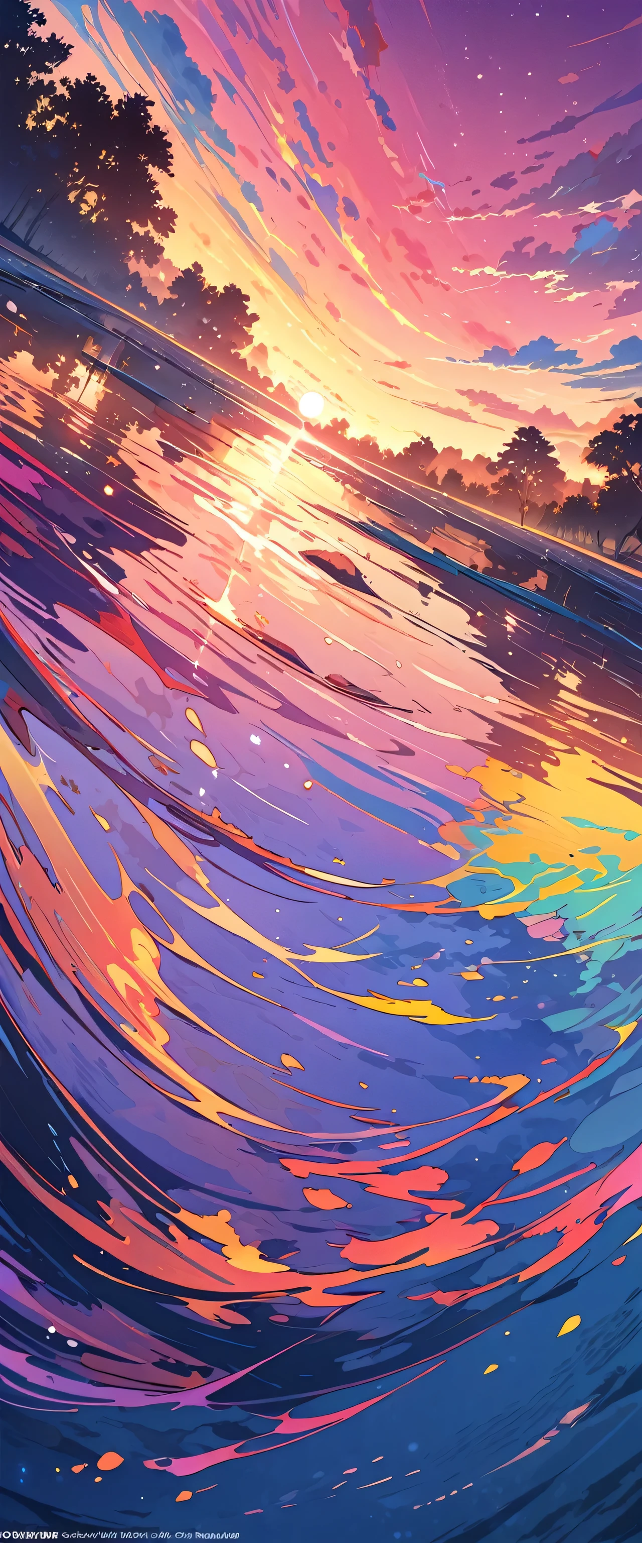 official art, unified 8k wallpaper, super detailed,  masterpiece, Best image quality，evening，a pond，water is like a mirror，reflecting the sky。look up to the sky，Colorful sunset，Dynamic angle, grace, bright colors,