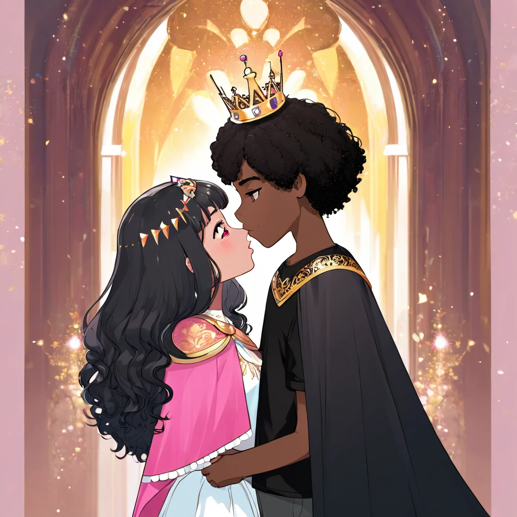 Tall dark-skinned boy with curly hair, brown eyes, wearing a crown and king's cape, black t-shirt, black pants, and the boy is kissing a girl withe-skinned, princess crown with black straight hair and short shoulder-length hair with a pink shirt and white pants