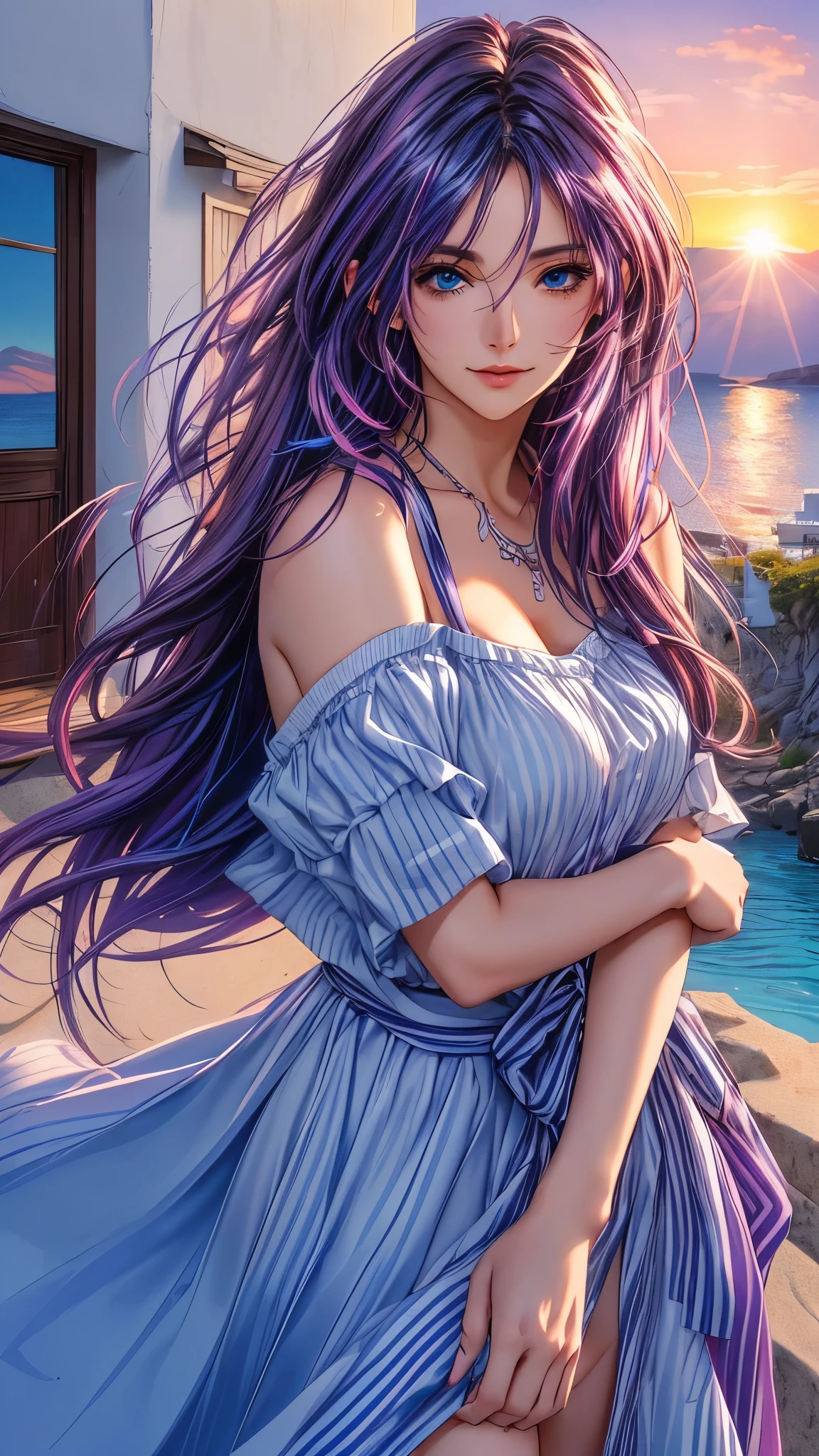 Woman in Greece portrait anime dark blue hair streaked pink purple hair blue eyes Nikon camera sunset hour realistic photography Beach House at Greek island animation realistic brown hair