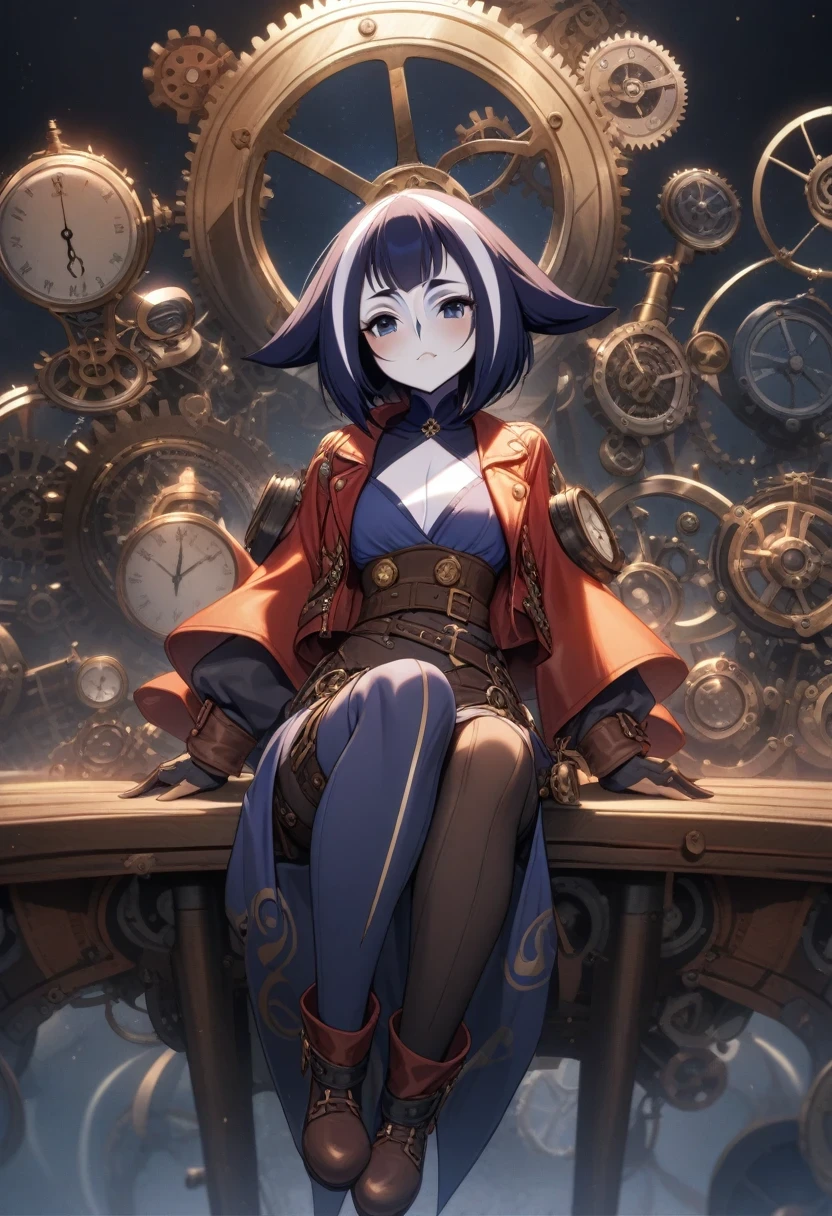 (shylily/(Twich/):1.5),(masterpiece:1.2),(best quality:1.2),(On the table：1.2)、Emotionally enhanced configuration、Little flying steam racing car、flying girl、far higher、Cute girl in anime style, Inverted triangle composition, Steampunk style clothing, , cool face, Wear tons of steampunk gear and timers, whole body, Steampunk sky blue and red leather jacket、Decorated with numerous gears and watches, Meticulous attention to detail, Smooth, high resolution, 1 Girl, night, Black sky and many stars,