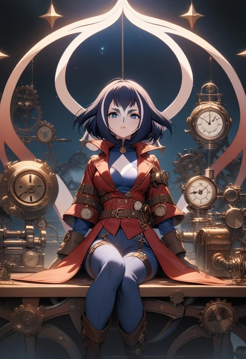 (shylily/(Twich/):1.5),(masterpiece:1.2),(best quality:1.2),(On the table:1.2)、Emotionally enhanced configuration、Little flying steam racing car、flying girl、far higher、Cute girl in anime style, Inverted triangle composition, Steampunk style clothing, , cool face, Wear tons of steampunk gear and timers, whole body, Steampunk sky blue and red leather jacket、Decorated with numerous gears and watches, Meticulous attention to detail, Smooth, high resolution, 1 Girl, night, Black sky and many stars,