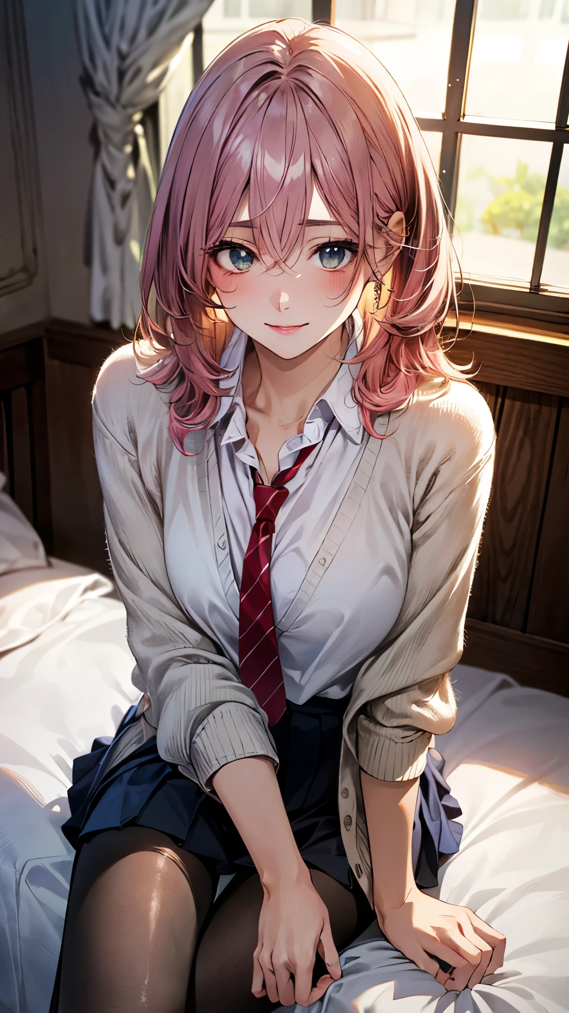 (masterpiece:1.3, top-quality, ultra high res, ultra detailed), (realistic, photorealistic:1.4), beautiful illustration, perfect lighting, natural lighting, colorful, depth of fields, ,
beautiful detailed hair, beautiful detailed face, beautiful detailed eyes, beautiful clavicle, beautiful body, beautiful chest, beautiful thigh, beautiful legs, beautiful fingers, shiny skin, babyface,
looking at viewer, (face focus), 1 girl, japanese, high school girl, (perfect anatomy, anatomically correct, super detailed skin), cute and symmetrical face, perfect face, perfect eyes,
(middle hair, (two side up), pink hair), hair between eyes, dark green eyes, long eyelashes, (large breasts, seductive thighs), , outstanding style, tiny,
(detailed cloth texture, cardigan, light blue collared shirt, navy pleated skirt, red tie, black pantyhose),
(beautiful scenery), evening, (room, bed, blue curtains, window), sitting, (lovely smile, upper eyes),