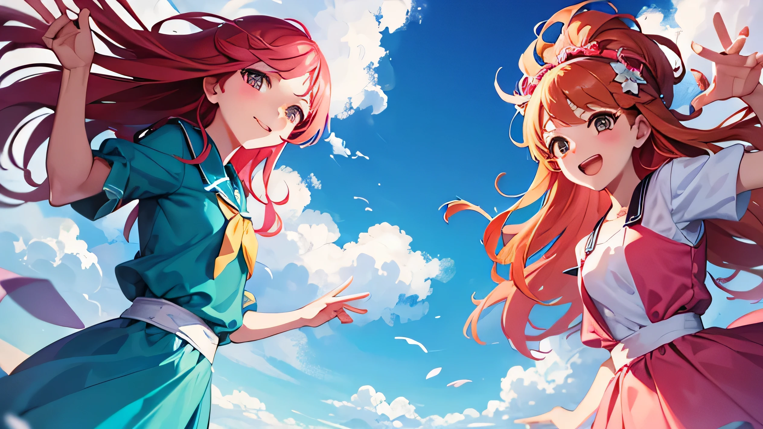 [An illustration of girls standing in a place where the wind blows. The girls are wearing vibrant-colored outfits, and their hair is flowing in the wind. The background depicts a blue sky with white clouds, and there are swaying grasses and flowers affected by the wind. The girls are waving their hands with smiles on their faces, joyfully singing while feeling the wind.]

Illustrate an anime-style illustration of girls standing in a windy location. The girls should be depicted wearing colorful outfits, with their hair flowing in the wind. The background should feature a blue sky with white clouds and include swaying grass and flowers. The girls should be shown waving their hands with cheerful expressions, as if they are enjoying the sensation of the wind.
