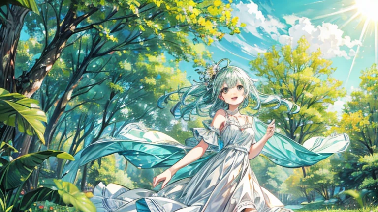 Beautiful and happy girl in 2D, listening to music in a grass and trees and the background that is blurred and that it is daytime with sun and relaxed atmosphere