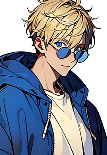 Adolescent Human Male With short Messy  blonde hair , eyewear, white shirt , sorriso , blue pupils ,Bigger in size  , blue hoodie,