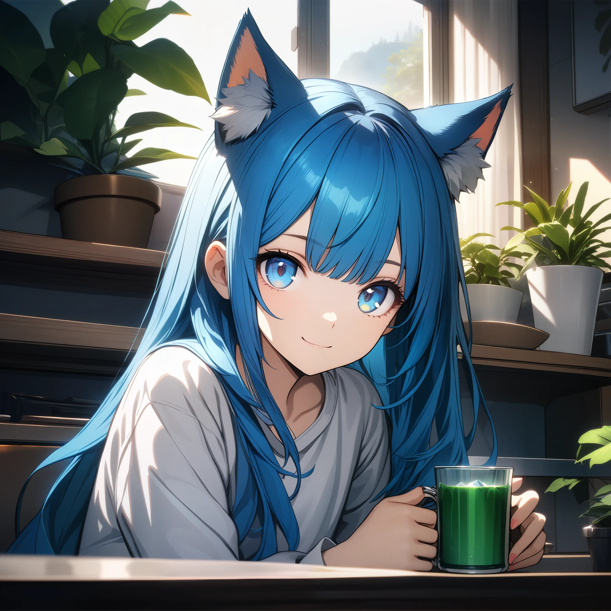 32k, best quality, ultra high res, HDR, UHD, extremely detailed CG, unity 32k wallpaper, 1girl, solo, long hair, looking at viewer, smile, bangs, blue eyes, shirt, long sleeves, holding, animal ears, closed mouth, blue hair, white shirt, multicolored hair, indoors, cat ears, cup, animal ear fluff, window, plant, holding cup, drinking glass, crystal, potted plant,