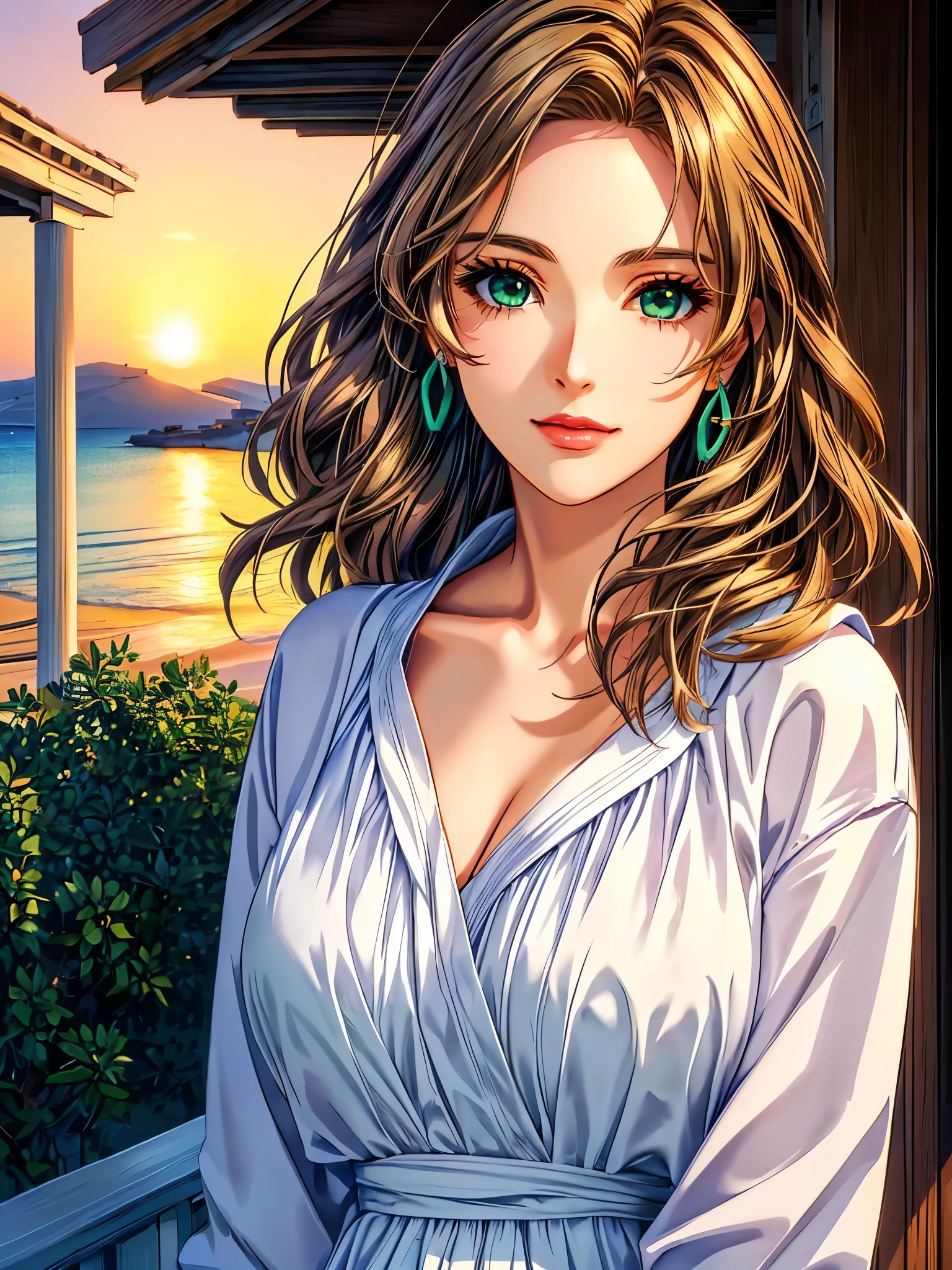 Woman in Greece portrait anime green eyes Nikon camera sunset hour realistic photography Beach House at Greek island animation realistic brown hair