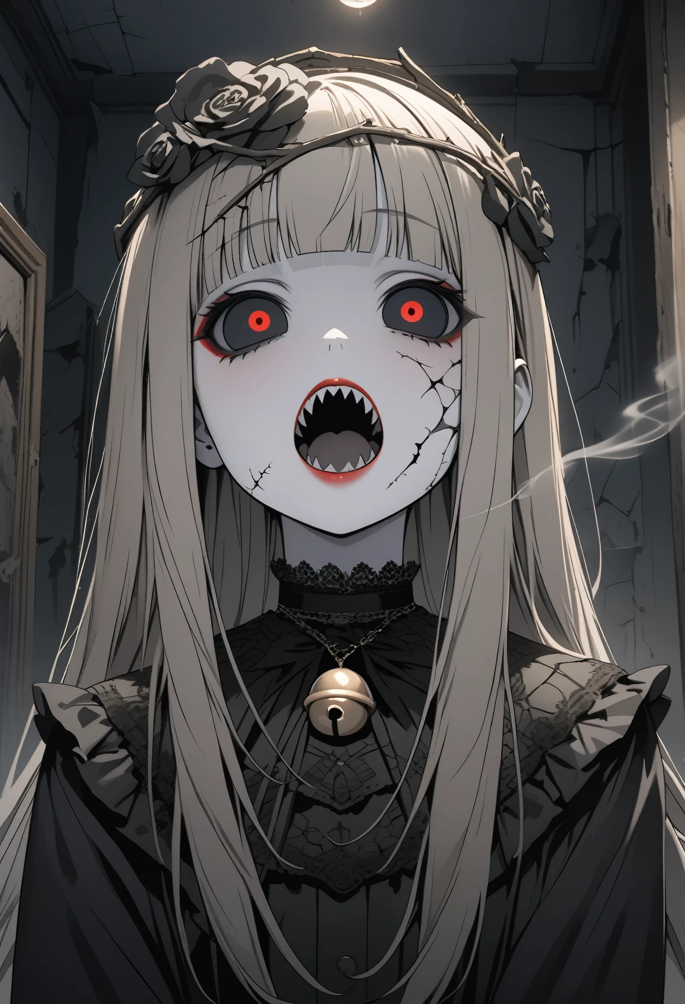 ((Masterpiece)), ((best quality)), (Anime:1.3), (super detail:1.2),(High Definition:1.3), (Professional Photography:1.2), ((12 years old)), 1girl, , blunt bangs, feminine, pale brown hair, (silky straight hair), muted colors, monochrome, pale skin, ((makeup goth)), cute, lipstick, night, ((Black roses on head)), ((dirty)), (blowing smoke), (indoors), Hair hide eyes, (bell), ((Dusty)), ((cobwebs in room)), scenery, (cracked skin), glowing, fractured skin, antique doll style, dark white, (hollow eyes), (sharp teeth, open mouth wide), ruins,