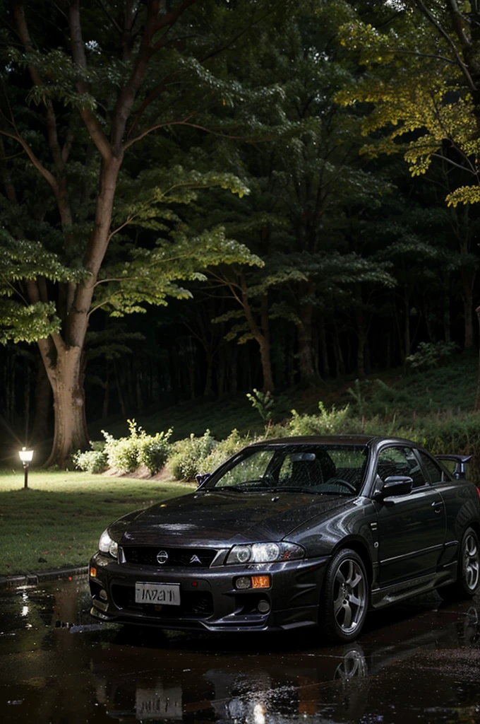 Genera un Nissan r34 bajo la noche lluviosa en un bosque