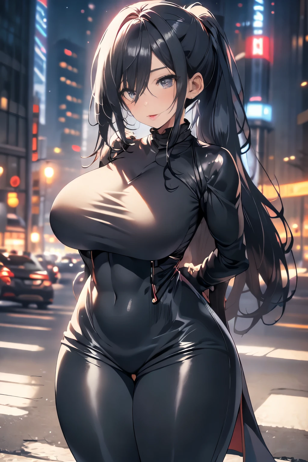 beautiful, alone, 1 chubby woman, long hair in a ponytail, black hair, blue highlights at the ends of the hair, silver eyes (detailed eyes), determined look, embarrassed expression, red lips (perfect lips), wide hips, black leather jumpsuit, peassed skirt, long fur cape, futuristic, cyberpunk, cinematic angle, cinematic lighting, artwork, best quality, nsfw, crotch rubbing