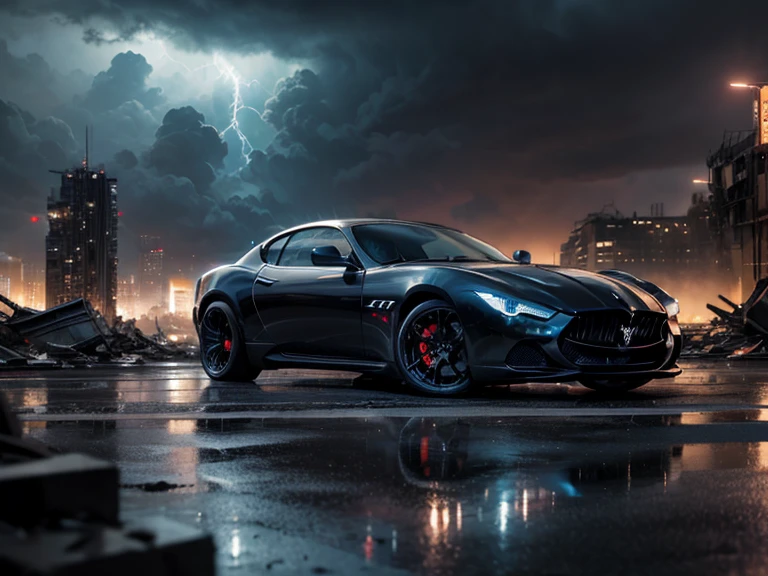 Night. Futuristic metropolis / mega city.
Rainstorm with thunderclouds and lightning. photorealistic, ultra-wide angle lens, dark skies. Low angle view of futuristic black luxury maserati black sports car in desolate rundown city of collapsed abandoned factories, rubble and debris everywhere