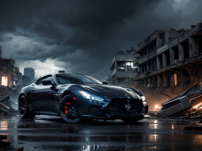 Night. Futuristic metropolis / mega city.
Rainstorm with thunderclouds and lightning. photorealistic, ultra-wide angle lens, dark skies. Low angle view of futuristic black luxury maserati black sports car in desolate rundown city of collapsed abandoned factories, rubble and debris everywhere