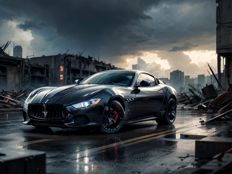 Night. Futuristic metropolis / mega city.
Rainstorm with thunderclouds and lightning. photorealistic, ultra-wide angle lens, dark skies. Low angle view of futuristic black luxury maserati black sports car in desolate rundown city of collapsed abandoned factories, rubble and debris everywhere