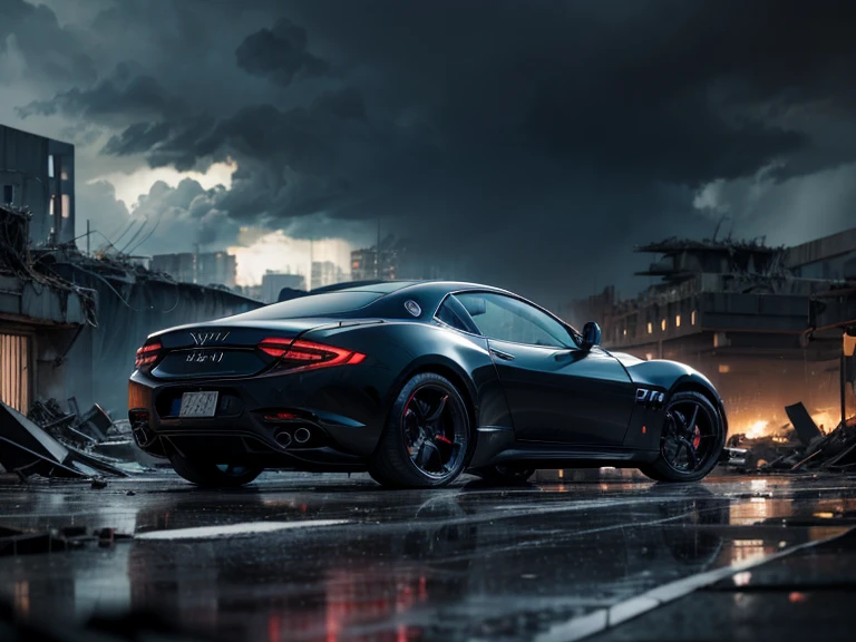 Night. Futuristic metropolis / mega city.
Rainstorm with thunderclouds and lightning. photorealistic, ultra-wide angle lens, dark skies. Low angle view of futuristic black luxury maserati black sports car in desolate rundown city of collapsed abandoned factories, rubble and debris everywhere