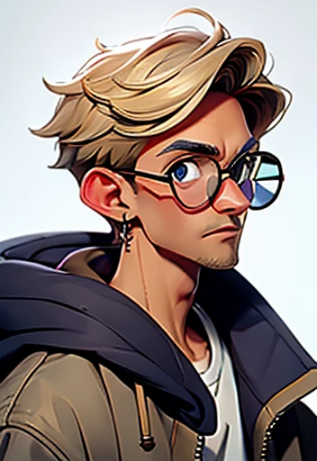 Adolescent Human Male With short Messy  blonde hair , eyewear, white shirt , sorriso , blue pupils ,Bigger in size  , blue hoodie,