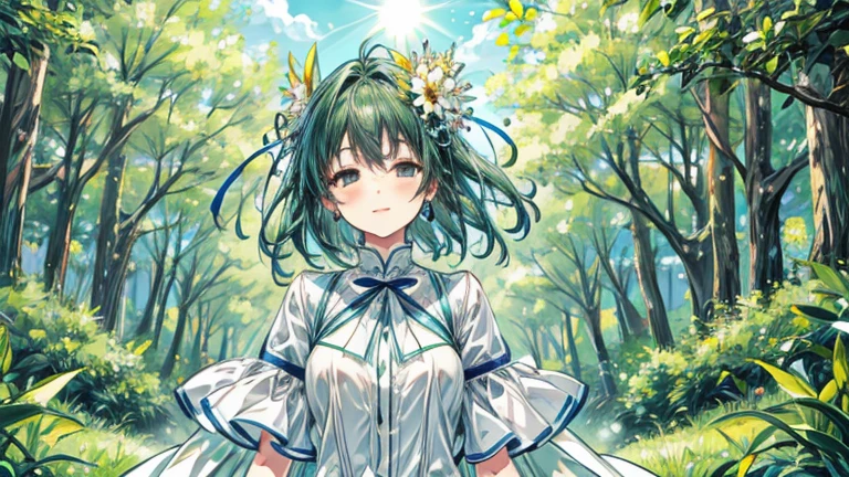 Beautiful and happy girl in 2D, listening to music in a grass and trees and the background that is blurred and that it is daytime with sun and relaxed atmosphere