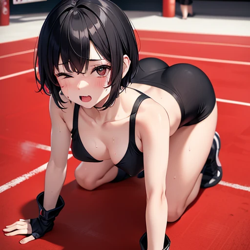 She is crawling on all fours in a octagon. her eyes are closed. She is shedding a lot of tears. She is crying a lot. She is screaming. Cute Japanese high school girl with short-cut black hair. Sports bra, bikini pants, open finger gloves. Very sweaty, slender body, poor body, Small breasts. poor belly, 