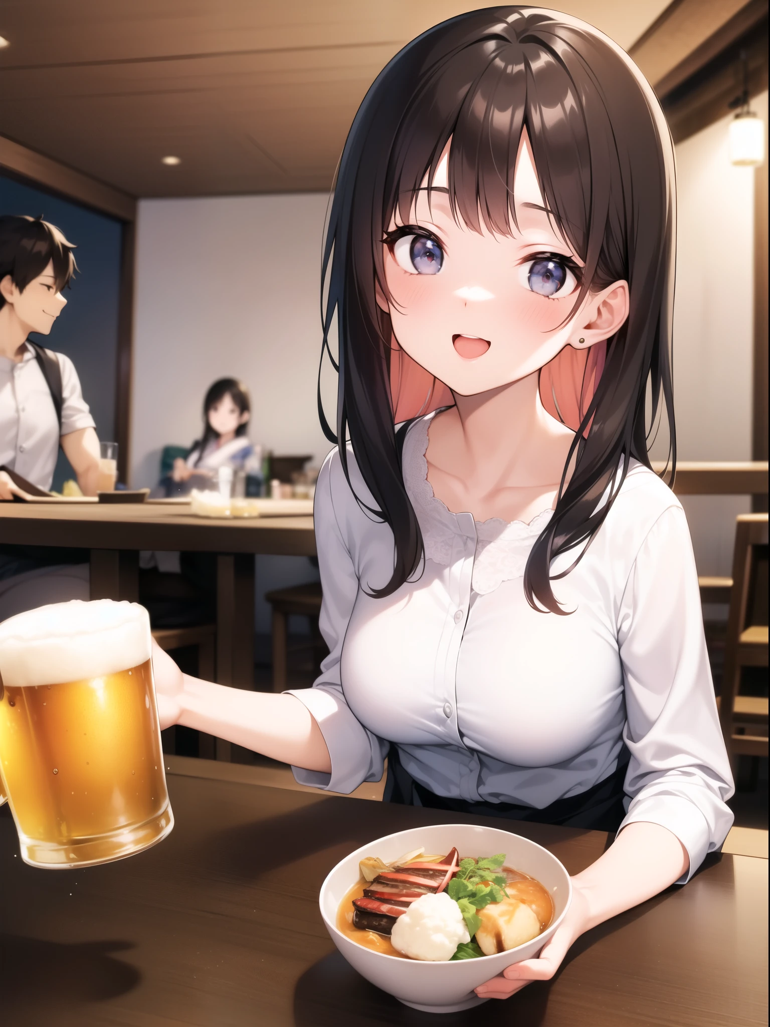 Young woman drinking beer mug in Japanese izakaya。The woman is wearing a white blouse、Hair style with bangs。On the table々There are various dishes lined up and he is drinking beer with a happy expression on his face.。Other guests are sitting in the background.、You can feel the atmosphere of a lively Japanese izakaya。