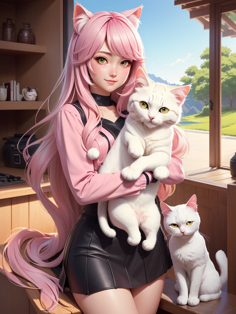 anime girl holding a white cat in her arms, big cheeks holding her cat, realistic anime cat, she is holding a cat in her arms, holding a cat, in anime style, artwork in the style of guweiz, beautiful anime catgirl, kawaii realistic portrait, cute anime catgirl, realistic artstyle, very beautiful cute catgirl, white cat girl
