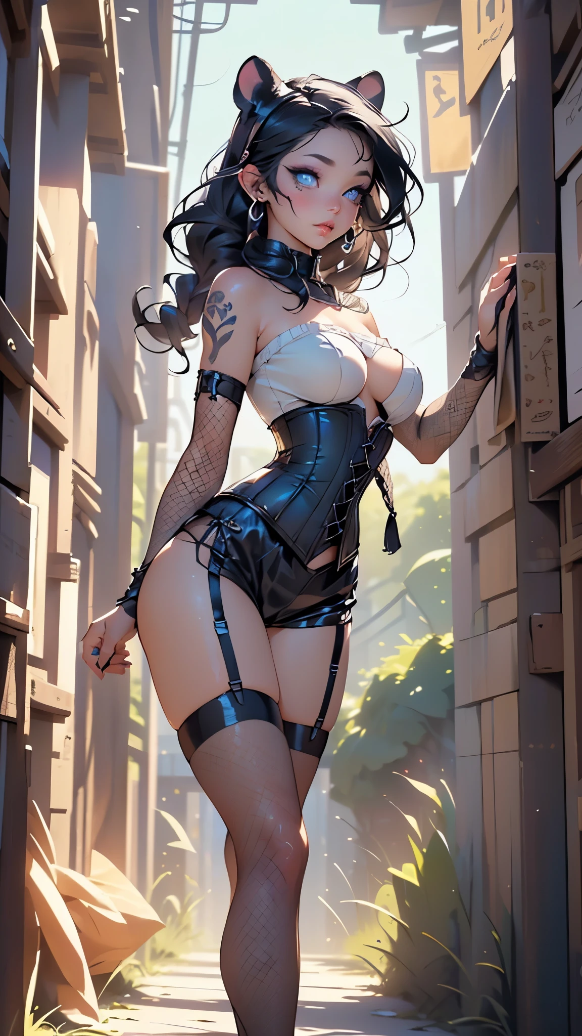 (Best quality)), ((masterpiece)), (detailed:1.4), 3D, Beetlejuice woman cosplay wiltshire hill cemetery, steampunk corset, steampunk top hat, in the style of striped compositions, nightcore, green and black stripes stockings, meticulous, malicious gal , mars ravelo, eccentric props ,HDR (High Dynamic Range),Ray Tracing,NVIDIA RTX,Super-Resolution,Unreal 5,Subsurface scattering,PBR Texturing,Post-processing,Anisotropic Filtering,Depth-of-field,Maximum clarity and sharpness,Multi-layered textures,Albedo and Specular maps,Surface shading,Accurate simulation of light-material interaction,Perfect proportions,Octane Render,Two-tone lighting,Wide aperture,Low ISO,White balance,Rule of thirds,8K RAW,