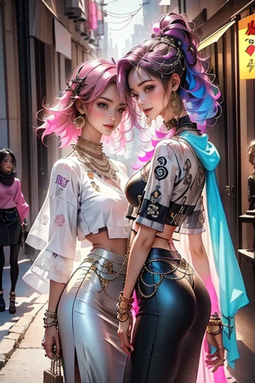 highest quality, Very detailed, masterpiece, Two women posing happily,(((Perfect female body))),Very beautiful face, Very beautiful body,Gentle expression, Very beautiful eyes,(Perfect Makeup:1.1),Fashion Model,DJ Style,Cyberpunk Fashion, Mullet Cut,Shaggy Hair,pink and blue hair:1.3, very thin body,Smart Abs,((Monogram pattern:1.3)),Blue to red gradient,Fishnet blouse,((Long leg pencil skirt,anklet)),LED Light,Two-tone high-top sneakers,A kind smile,Cooboy Shot:1.3,Portraiture,(Cyber City:1.3), (Shiny skin),(Earrings),Elegant scarves,See-through long shawl,Liquid Metal,Pirate Belt,,