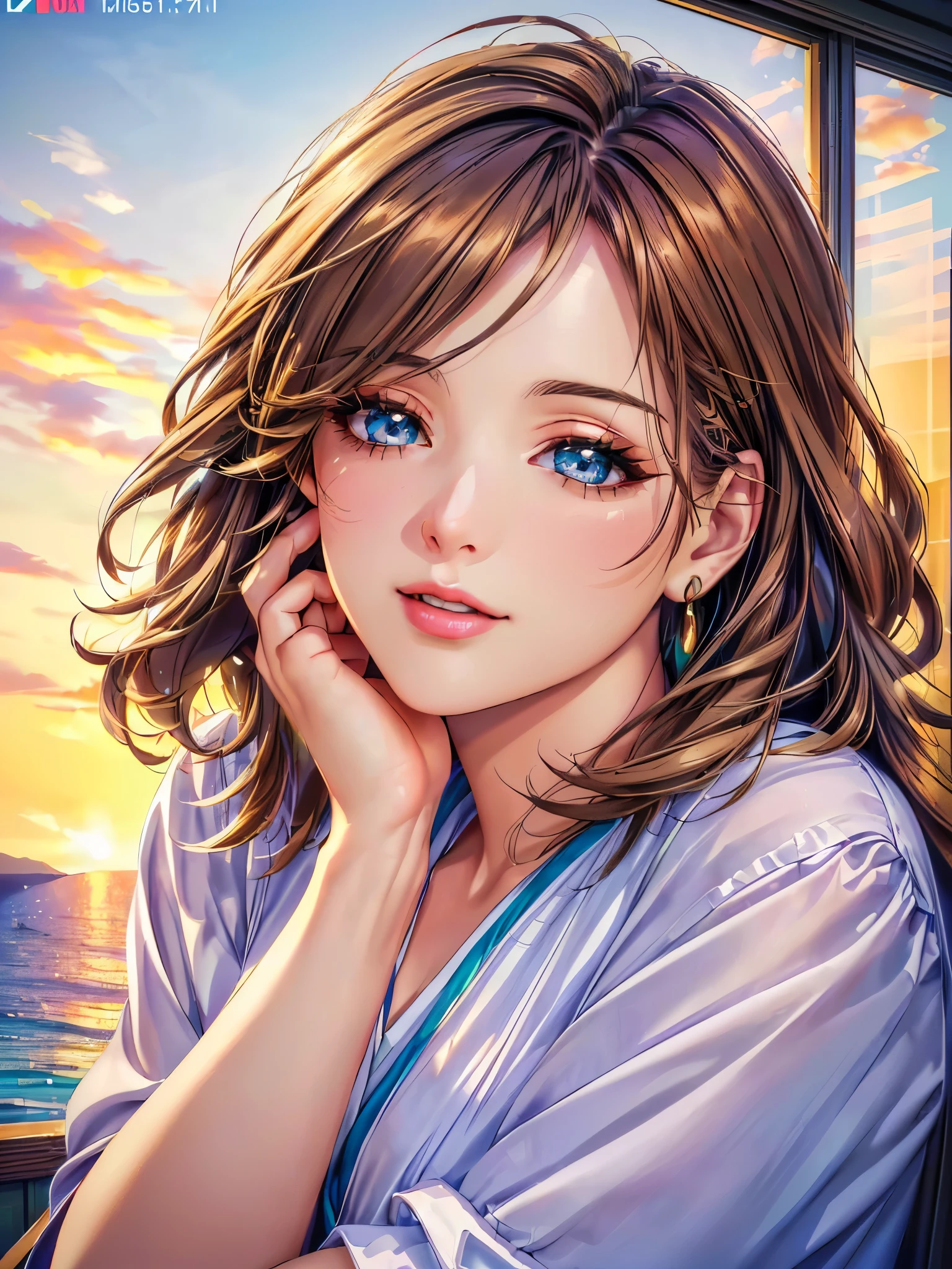 (Woman:1.1, Greece:1.1, portrait:1.1, anime), green eyes, sunset hour, (realistic:1.37, photography), Beach House at Greek island, (animation, realistic:1.37), brown hair, (beautiful detailed eyes:1.1, beautiful detailed lips:1.1, extremely detailed eyes and face:1.1, long eyelashes), vibrant colors, warm tones, soft lighting, (best quality, 4k, highres, masterpiece:1.2), (ultra-detailed, HDR, vivid colors), (realistic, photo-realistic:1.37), (landscape, concept artists).