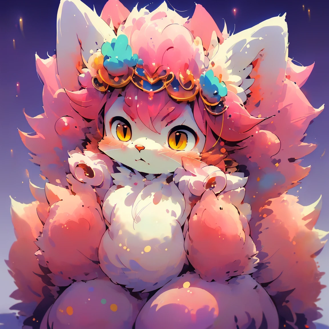 Furry, furry kemono, female  fox furry, cute, 4 big and fluffy ear, chubby, 9 tailed fox, pink and coloured hair, fluffy gold and pink coloured tail, a kimono with galaxy pattern, sitting on fluffy cloud, luxury, a luxurious tiara, a night sky background, blushing, furry character reference sheet, complete detailed body, extra detailed body, (((masterpiece))), (((best quality: 1,4)))