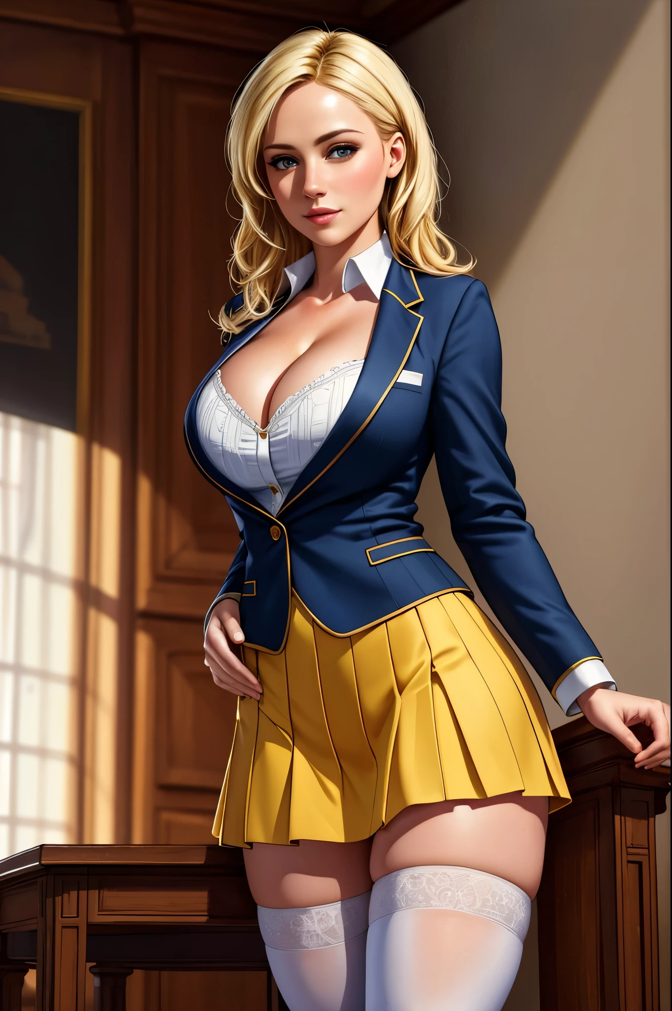 (best quality,4k,8k,highres,masterpiece:1.2),ultra-detailed,(realistic,photorealistic,photo-realistic:1.37),HDR,UHD,studio lighting,ultra-fine painting,sharp focus,physically-based rendering,extreme detail description,professional,vivid colors,bokeh,portraits
woman in school uniforms, posing for a picture, wearing school uniform, short skirt, cleavage, knee high white stockings, blonde hair,