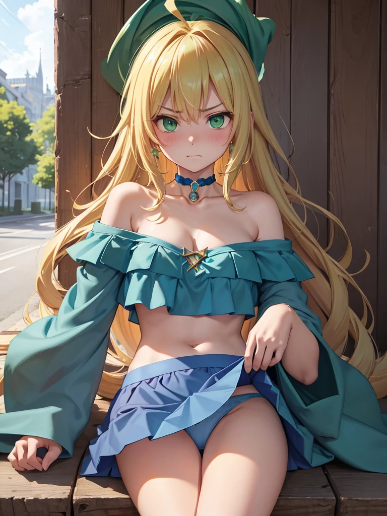 (masterpiece:1.2)、highest quality、High resolution、unity 8k wallpaper、(figure:0.8)、(Beautiful fine details:1.6)、Tight eyes、Angry Eyes、Highly detailed face、Perfect lighting、Highly detailed CG、(Perfect hands、Perfect Anatomy)、Dark Magician Girl、Blonde Hair、choker、(Green Eyes:1.5)、Long Hair、ahoge、
bare shoulders、Blue footwear、blush、Cleavage、clavicle、Large Breasts、Off the shoulder、Pentacles、wizard、(Blue clothes:1.5)、(Short skirt:1.3)、Spread your legs、(Show blue panties:1.3)、midriff peek、
looking at viewer、outdoors, city、