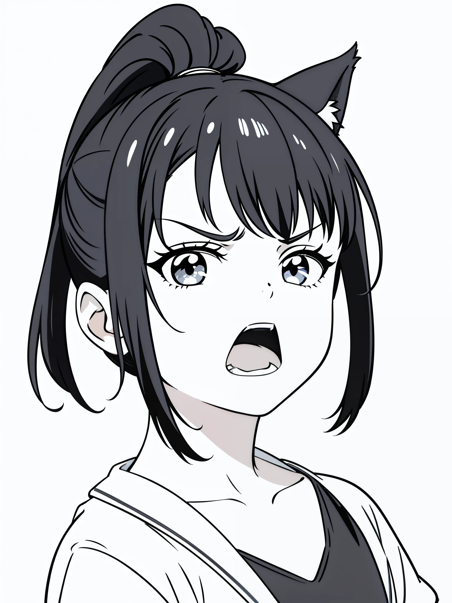 (1girl,10 years old),solo,angry,black hair,ponytail hair,short hair,fox ears,portrait,(white background,line drawing),open mouth