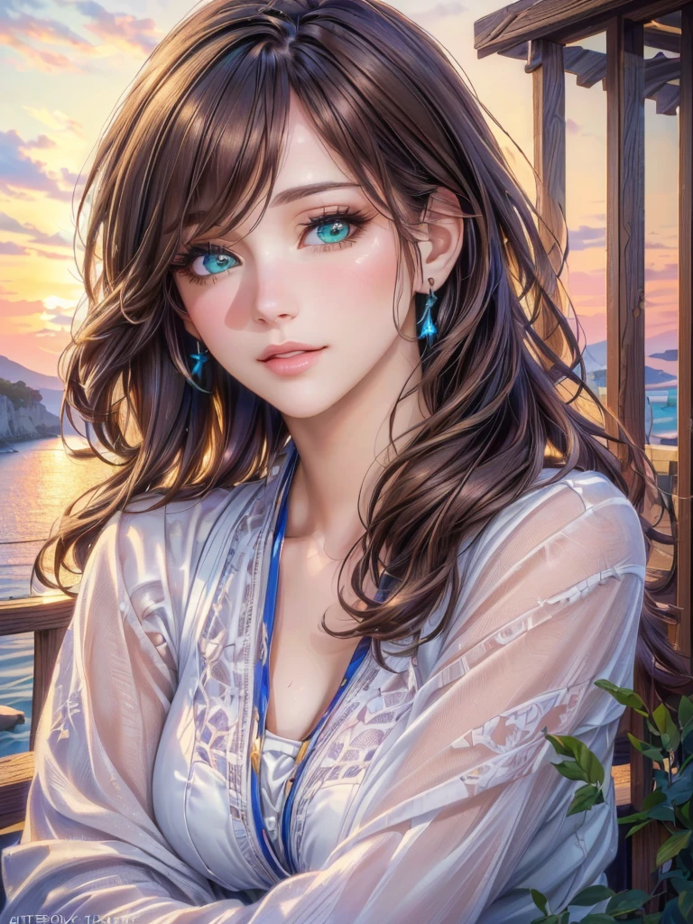 (Woman:1.1, Greece:1.1, portrait:1.1, anime), green eyes, sunset hour, (realistic:1.37, photography), Beach House at Greek island, (animation, realistic:1.37), brown hair, (beautiful detailed eyes:1.1, beautiful detailed lips:1.1, extremely detailed eyes and face:1.1, long eyelashes), vibrant colors, warm tones, soft lighting, (best quality, 4k, highres, masterpiece:1.2), (ultra-detailed, HDR, vivid colors), (realistic, photo-realistic:1.37), (landscape, concept artists).