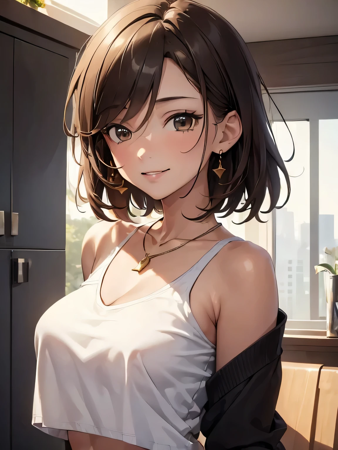 (masterpiece, best quality:1.4), 8k, Close Up, Brunette Short Hair, Messy Hair, Young adult, anime girl, Smiling, Happy, light Brown Eyes, Medium chest, White Crop top, Necklace, Black Sweater, (detailed eyes and face, sharp pupils, realistic pupils:0.6)