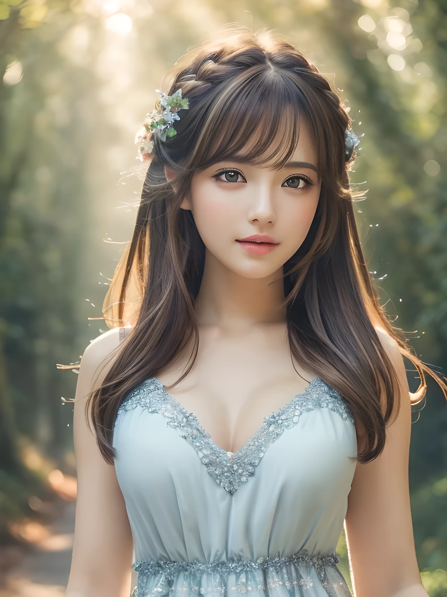 masterpiece, highest quality, High resolution, wallpaper, realistic, (bright lighting:1.4), professional lighting, face light, smooth lighting, (shoot from front:1.8), 1 girl, closeup-face, cute, sleepy, open mouth to say something, shy, Beautiful girl, , super beautiful, beautiful skin, beautiful and detailed eyes、detailed face、slim、moderately, half updo, brunette colored hair, brown eyes, Professional Photography, Bokeh, Portrait, The morning sunlight shines through the misty forest path. Summer Dresses,