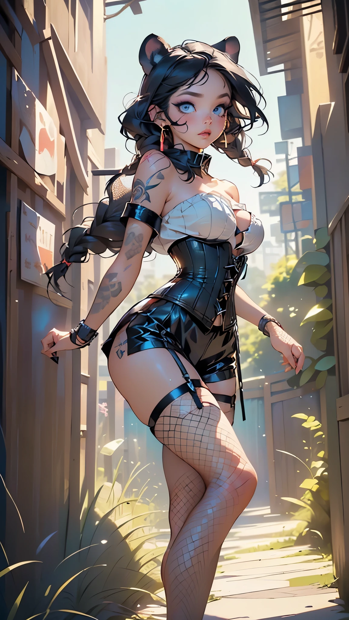 panther girl from ancient Egypt,(((panther woman,anthro furry cute,panther female warrior,panther-girl))),
(((panther ears,panther ears on head,big panther ears))),(large breasts:1.4),((((black hair:1.35,braids haircut,long hair:1.4,colored inner hair,ear breathing)))),(((blue_eyes:1.3))),intricate eyes,beautiful detailed eyes,symmetrical eyes,((((lustrous skin:1.5,tanned skin,bright skin: 1.5,skin tanned,shiny skin,very shiny skin,shiny body,Reflective skin)))),(spider lower abdomen,narrow waist,wide hip,athletic body,inflated legs,thick thighs,(detailed face)),beautiful detailed lips,((tattoos on the body,intricate tattoos)),
cute,slutty,sensual,seductive look,seductive,((erotic)),((nsfw)),
sexy,(((eyeshadow,egyptian makeup,eyelid makeup))),zettai ryouiki,tiny clothes,show skin,(((barefoot))),((short shorts, latex shorts)), (((unzipped, open fly))),(fishnet top:1.5),(fishnet stockings:1.5),navel:1.5,(strapless:1.5,corset:1.5),(((dark blue clothes))),
(flirtatious pose:1.3), looking at viewer,embarrassed,centered,scale to fit dimensions,Rule of thirds,
((Burlesque, cabaret,brothel at night)),scenery:1.25,intricate scenery,extremely scenery,
(Glossy Egyptian ornaments),highres,sharp focus,(ultra detailed,extremely detailed),(photorealistic artwork:1.37),(extremely detailed CG unity 8k wallpaper),(((vibrant colors,vibrant theme))),(intricate),(masterpiece),(best quality),artistic photography,(photography taken by sldr),(intricate background),perfect rendered face,perfect face details,realistic face,photo realistic,((intricate detail)),(((realism))),