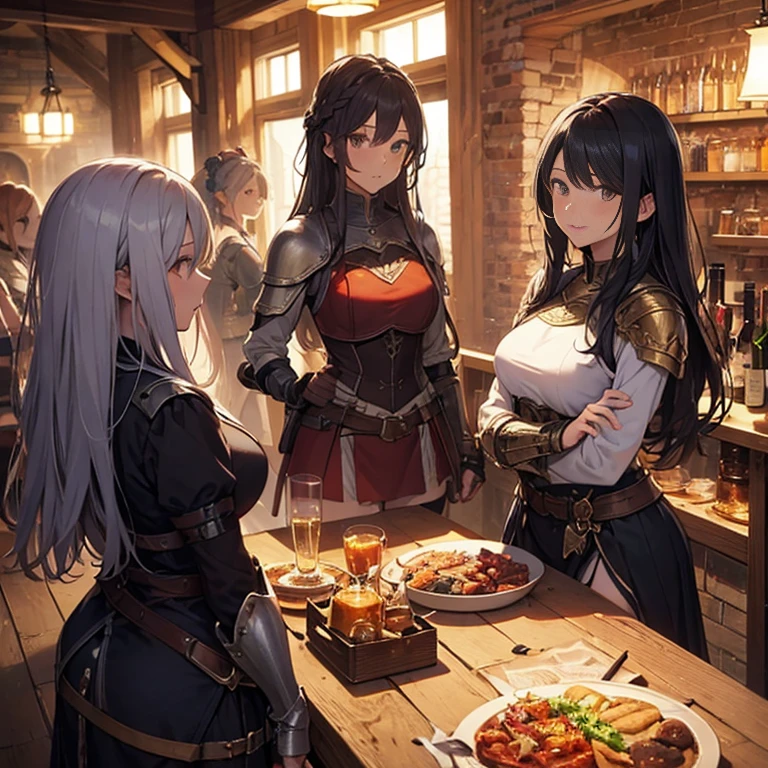 A group of  female medieval fantasy adventurers, (in tavern), various hair styles, harem, night, details face, short skirt, seducing, sleeveless, armor 