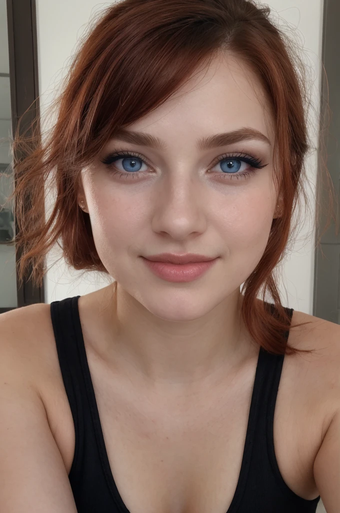 (face and bust portrait),blue eyes, eyeshadow, pupils, eyelashesmeyebrows, nose, bold lips, smile, face,dark red hair,straight hair,1girl,18 years old,beautiful face,black tank top,the top is black,spaghettie straps,big breasts,cleavage,