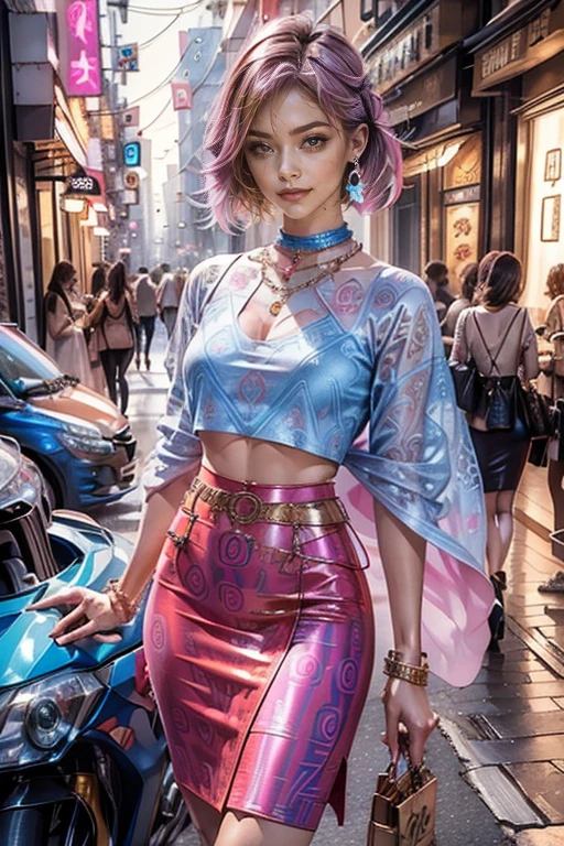 highest quality, Very detailed, masterpiece, Two women posing,(((Perfect female body))),Very beautiful face, Very beautiful body,Gentle expression, Very beautiful eyes,(Perfect Makeup:1.1),Fashion Model,DJ Style,Cyberpunk Fashion, Mullet Cut,Shaggy Hair,pink and blue hair:1.3, very thin body,Smart Abs,((Monogram pattern:1.3)),,Fishnet blouse,((Long leg pencil skirt,anklet)),LED Light,Two-tone short boots,A kind smile,couboy shot:1.3,Portrait,(Cyber City:1.3), (Shiny skin),(Blue to red gradient:1.3),Elegant scarves,See-through long shawl,Liquid Metal,Pirate Belt,Earrings