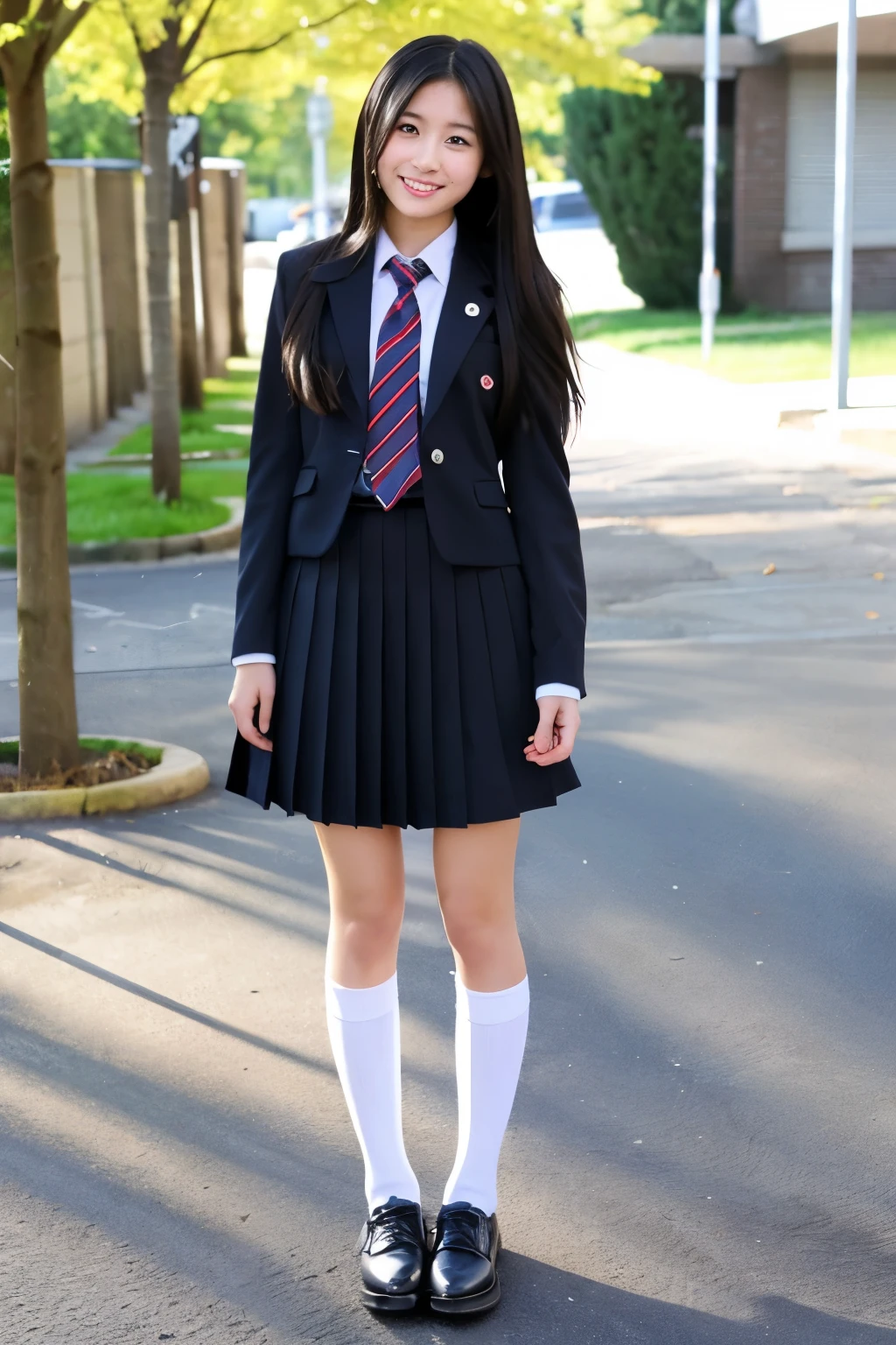 Standing in the schoolyard、Cute Japanese high school girl with long black hair、Beautiful、Uniform miling、Full body portrait